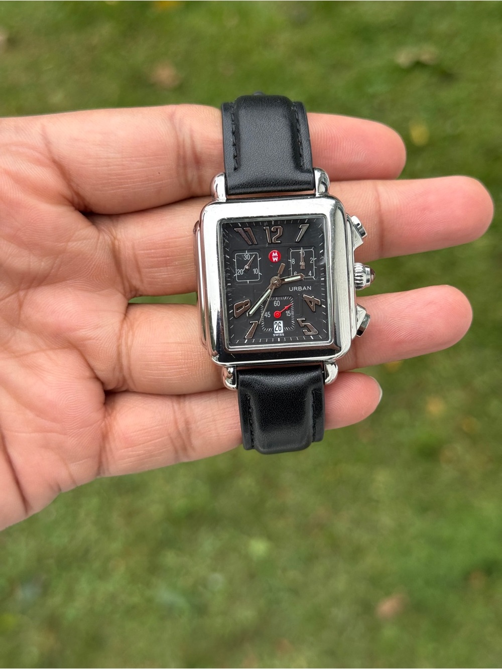 Michele urban Black Leather Square Women’s Chronograph Watch - Silver Case